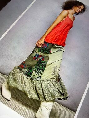 ❤️Hello Gorgeous! POL Printed Patchwork Embroidered Ruffled Skirt- Sage Multi